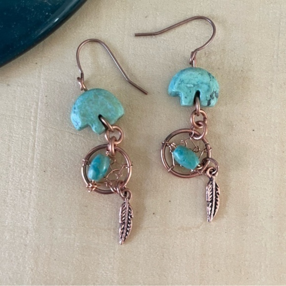 2/$29 Handmade Carved Turquoise Bear Dreamcatcher Earrings Dangle Feather Copper